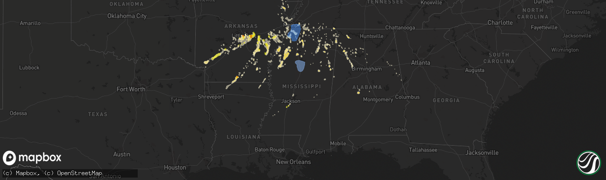 Hail map in Mississippi on June 5, 2020