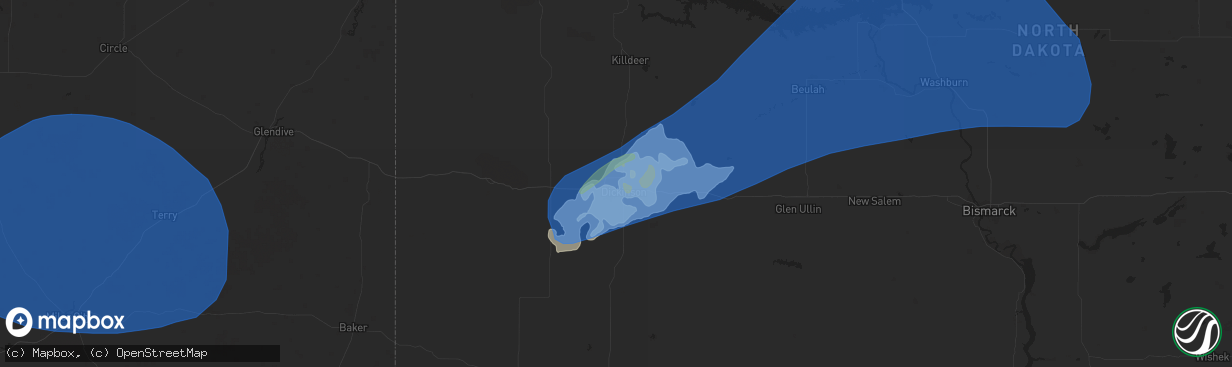 Hail map in Dickinson, ND on June 5, 2021