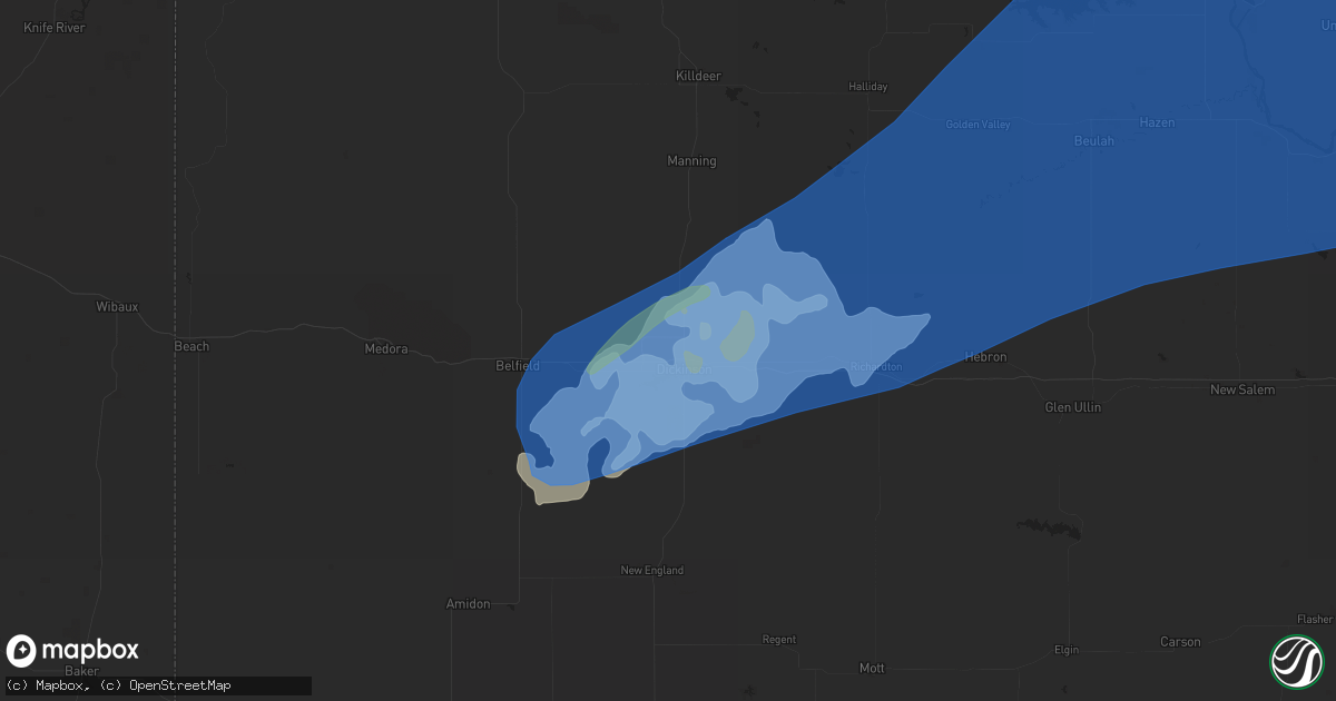 Hail map in Dickinson, ND on June 5, 2021