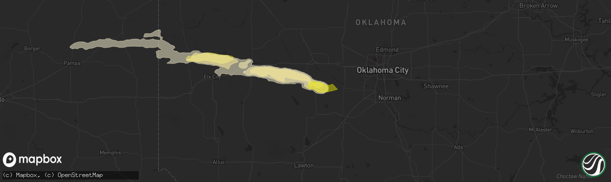 Hail map in Binger, OK on June 5, 2025
