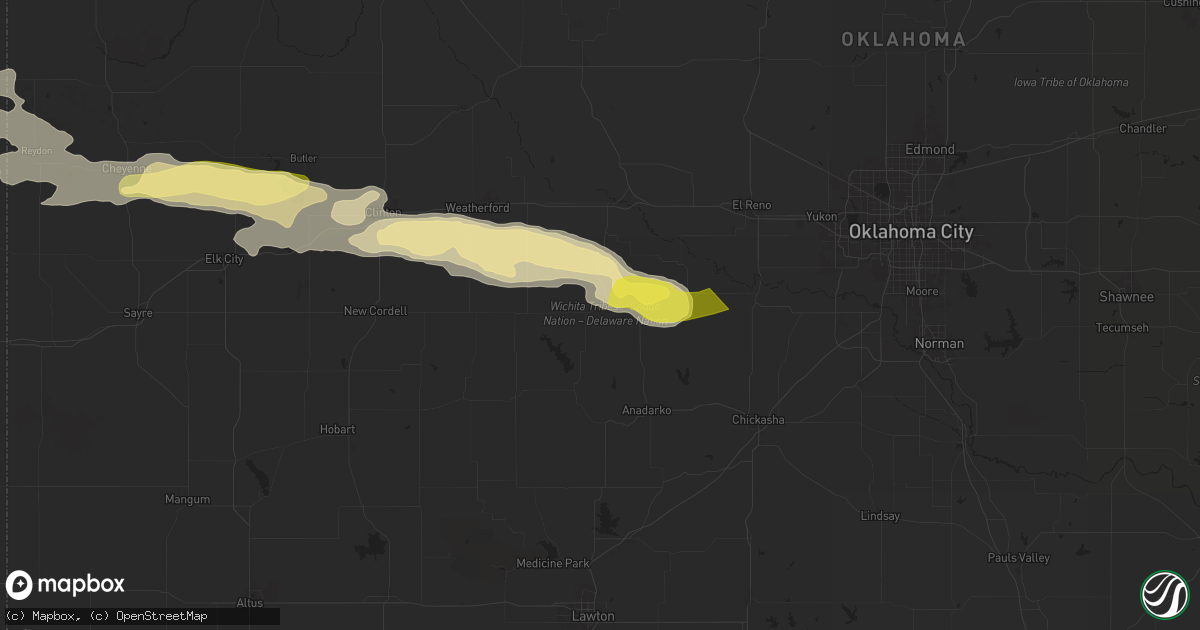 Hail map in Binger, OK on June 5, 2025