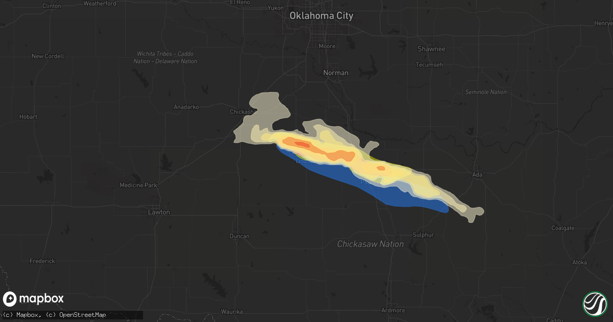 Hail map in Lindsay, OK on June 5, 2025