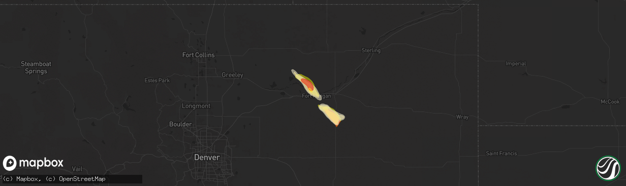 Hail map in Log Lane Village, CO on June 5, 2025