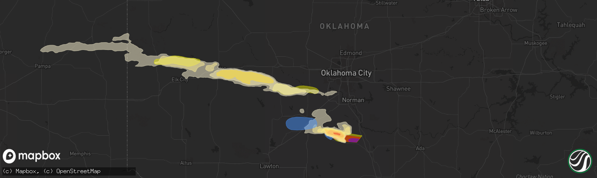 Hail map in Minco, OK on June 5, 2025