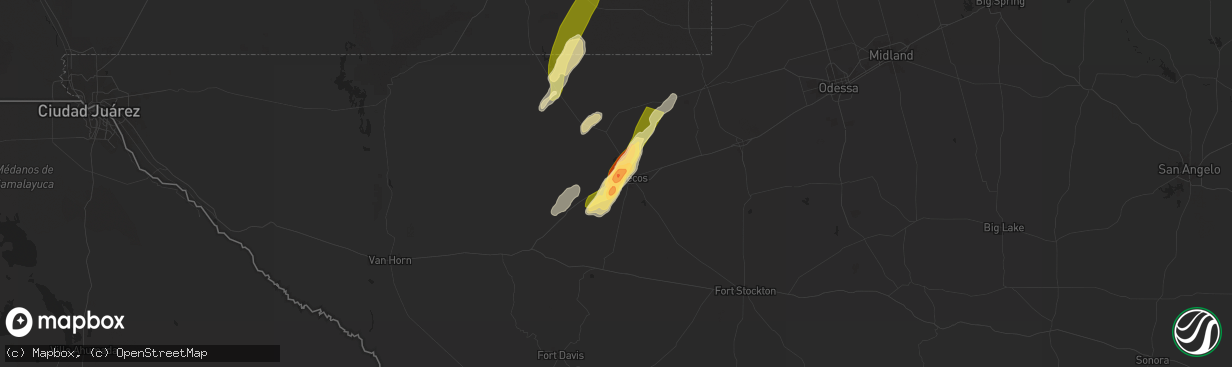 Hail map in Pecos, TX on June 5, 2025