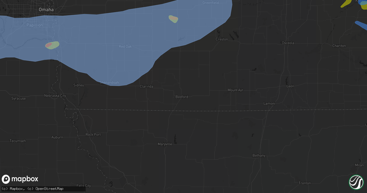 Hail map in Bedford, IA on June 5, 2026