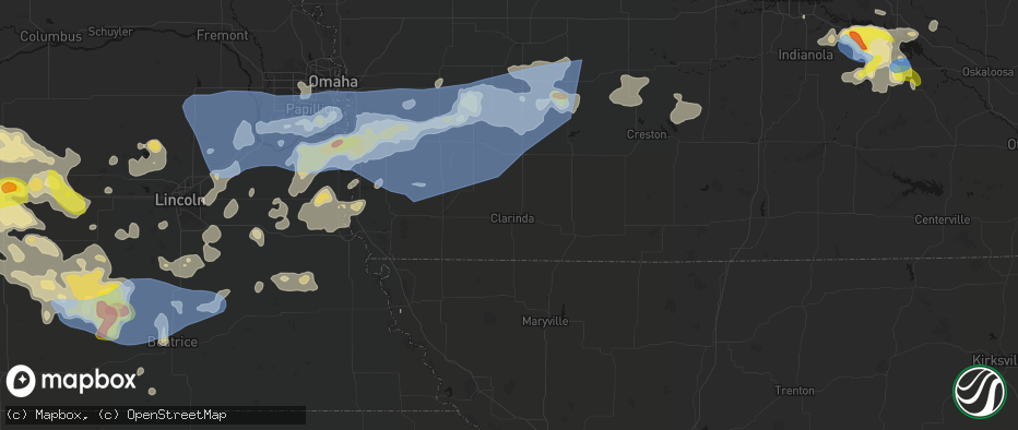 Hail map in Clarinda, IA on June 5, 2026