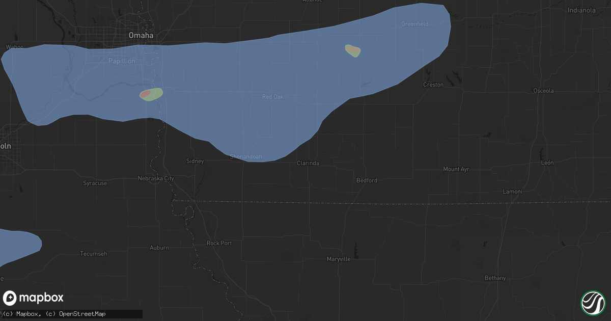 Hail map in Clarinda, IA on June 5, 2026