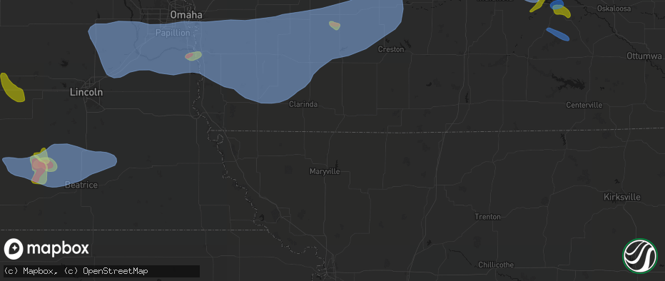Hail map in Hopkins, MO on June 5, 2026