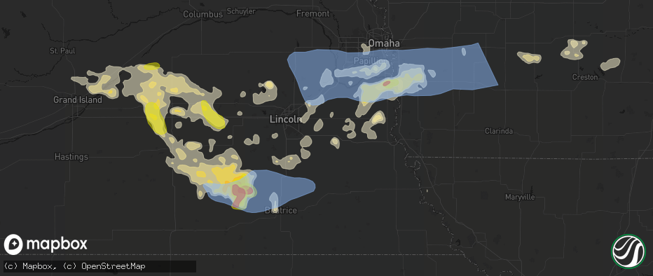 Hail map in Palmyra, NE on June 5, 2026
