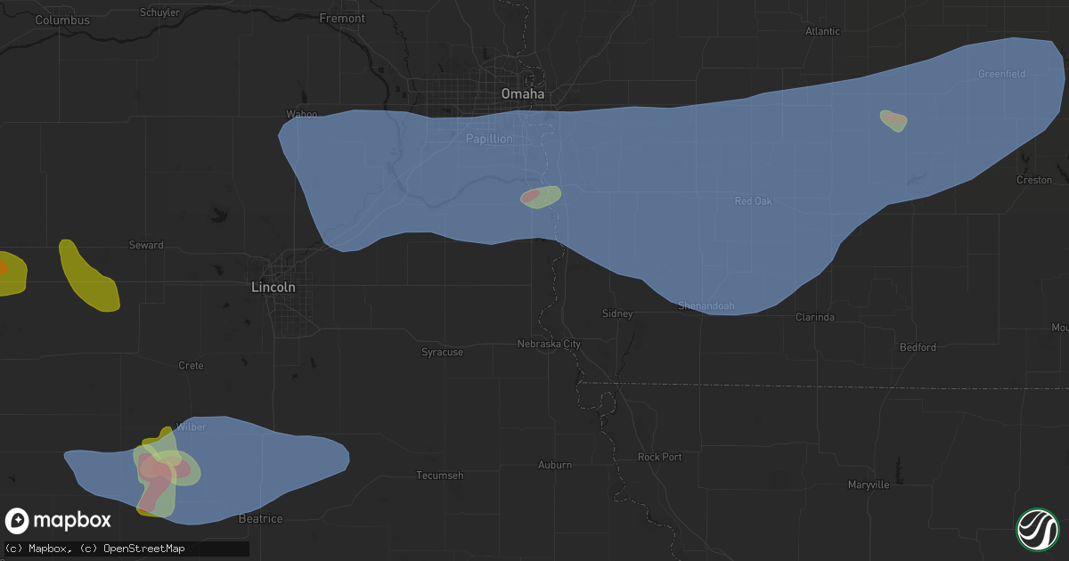 Hail map in Union, NE on June 5, 2026