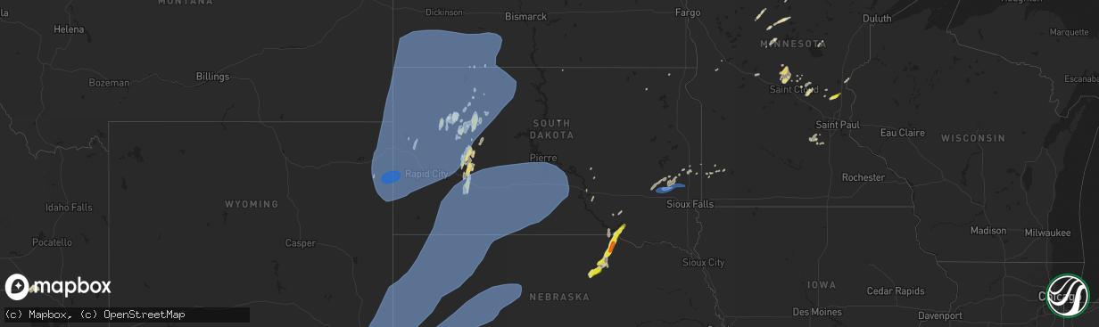 Hail map in South Dakota on June 6, 2020