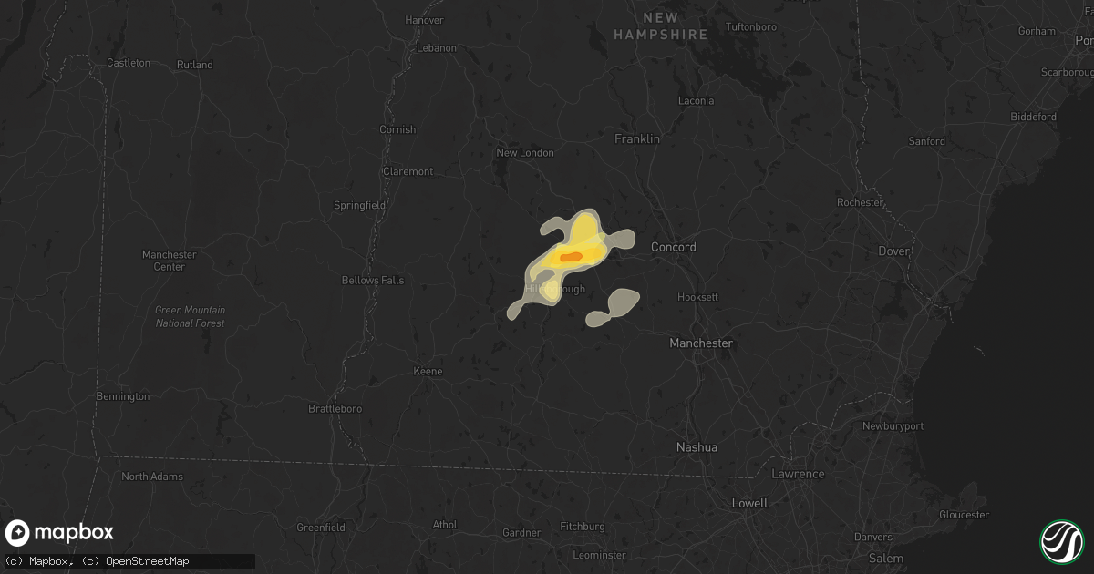 Hail map in Hillsborough, NH on June 6, 2025