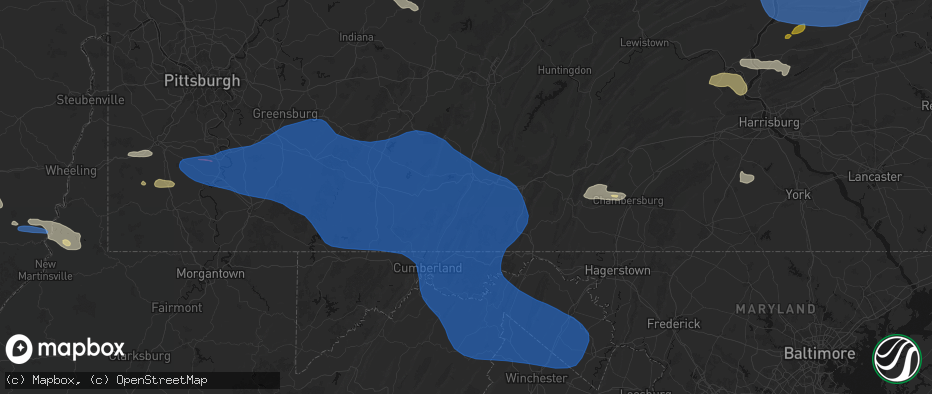 Hail map in Bedford, PA on June 6, 2026