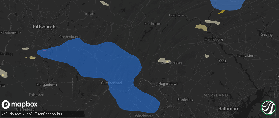 Hail map in Breezewood, PA on June 6, 2026