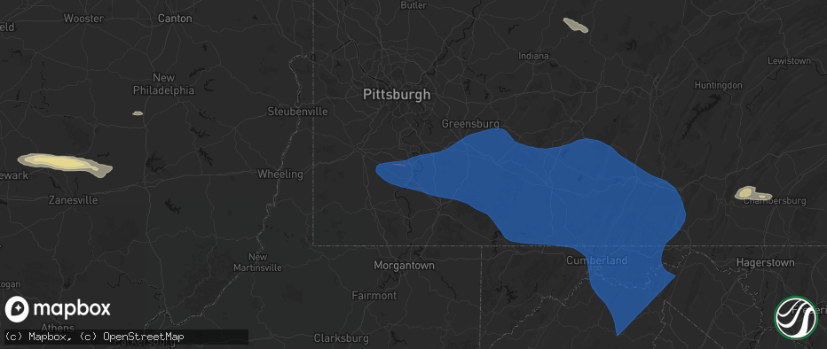 Hail map in California, PA on June 6, 2026