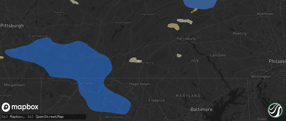 Hail map in Chambersburg, PA on June 6, 2026
