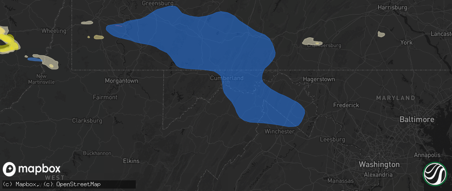 Hail map in Fort Ashby, WV on June 6, 2026