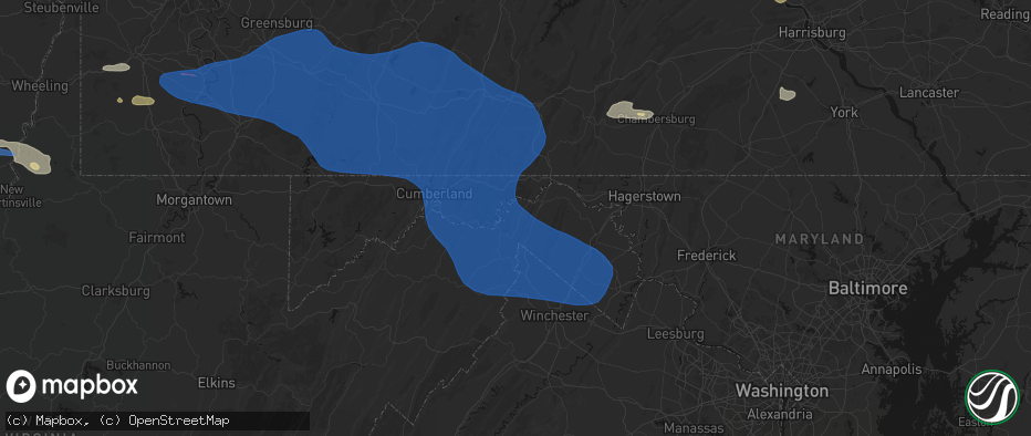 Hail map in Great Cacapon, WV on June 6, 2026