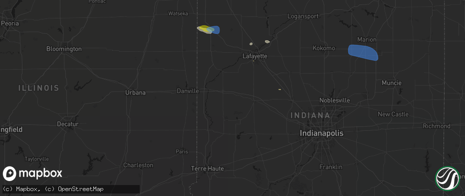 Hail map in Hillsboro, IN on June 6, 2026