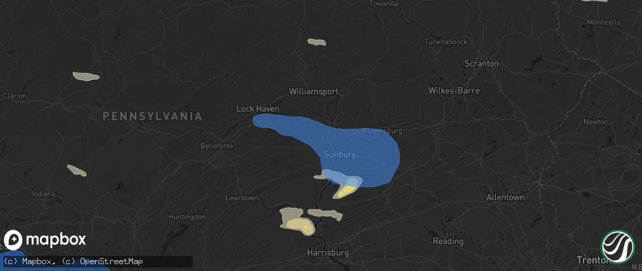 Hail map in Lewisburg, PA on June 6, 2026