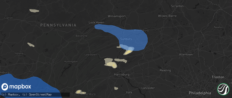 Hail map in Mount Pleasant Mills, PA on June 6, 2026