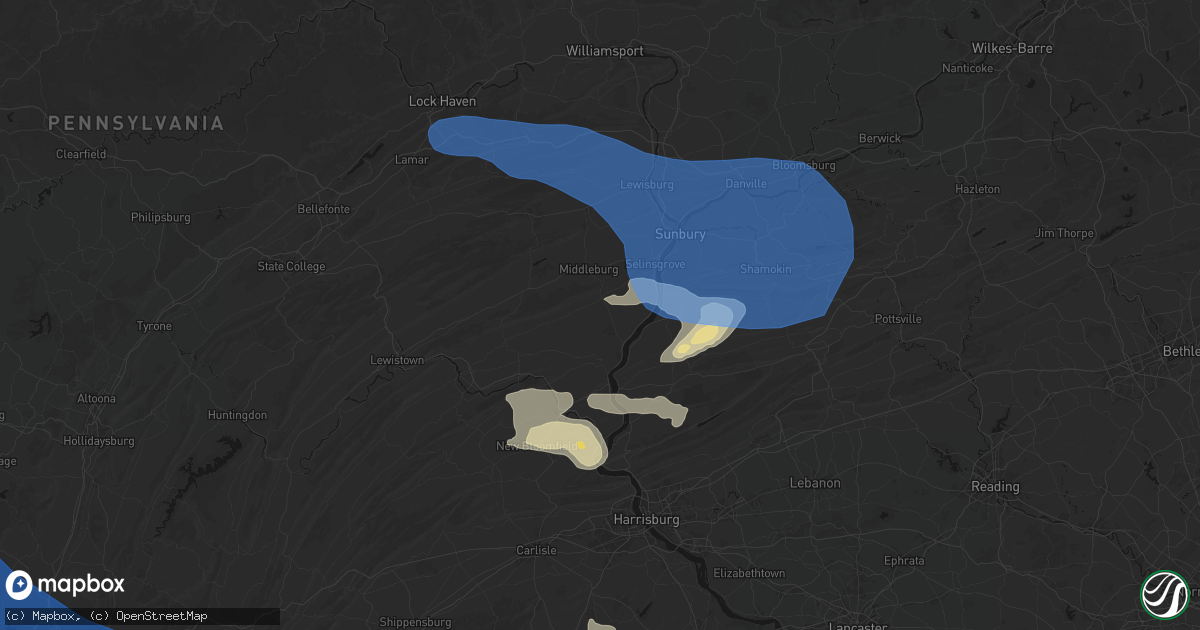 Hail map in Mount Pleasant Mills, PA on June 6, 2026
