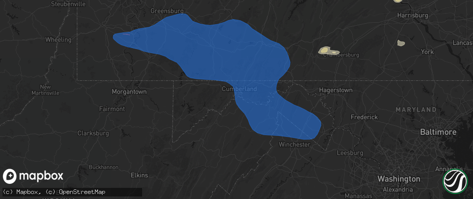 Hail map in Ridgeley, WV on June 6, 2026