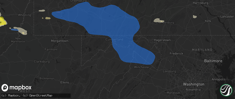 Hail map in Springfield, WV on June 6, 2026
