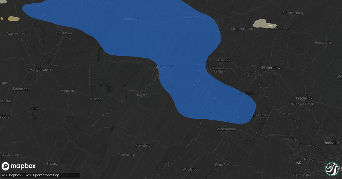 Hail map in Springfield, WV on June 6, 2026