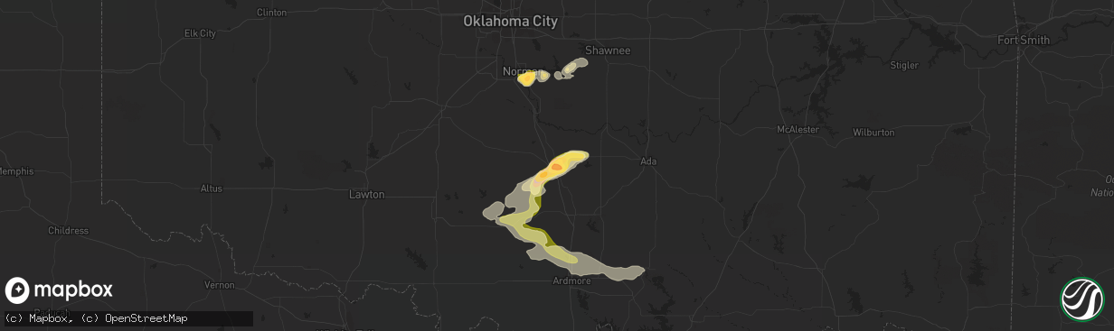 Hail map in Pauls Valley, OK on June 7, 2014