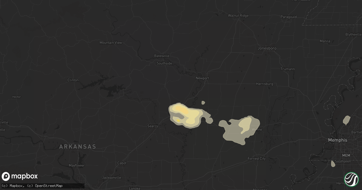 Hail map in Bradford, AR on June 7, 2025
