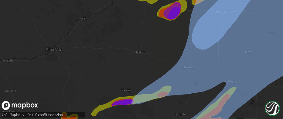 Hail map in Baker, MT on June 7, 2026