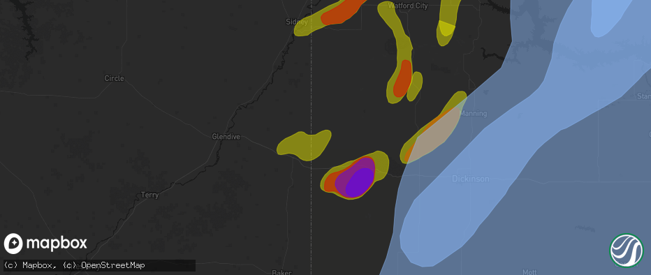 Hail map in Beach, ND on June 7, 2026