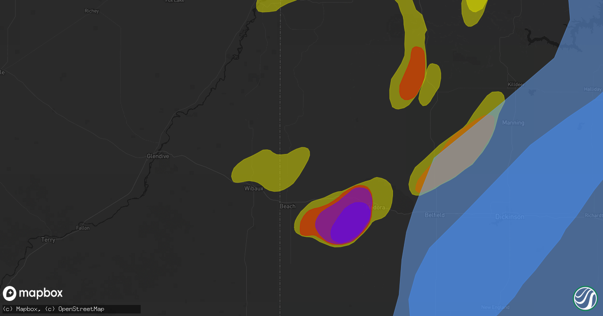 Hail map in Beach, ND on June 7, 2026