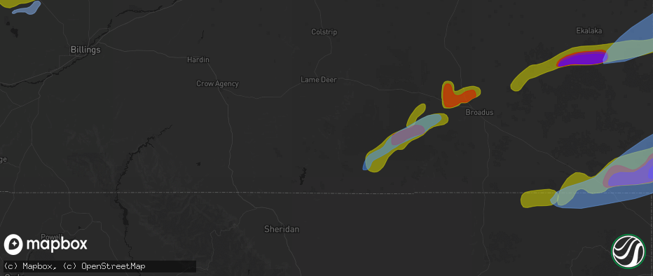 Hail map in Birney, MT on June 7, 2026