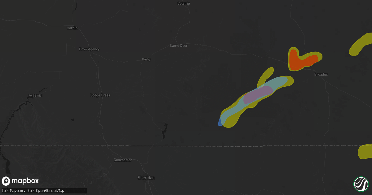 Hail map in Birney, MT on June 7, 2026