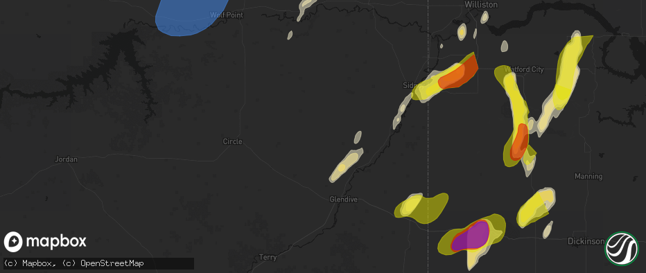 Hail map in Bloomfield, MT on June 7, 2026