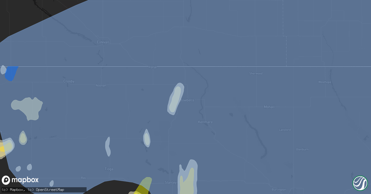Hail map in Bowbells, ND on June 7, 2026