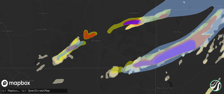 Hail map in Boyes, MT on June 7, 2026