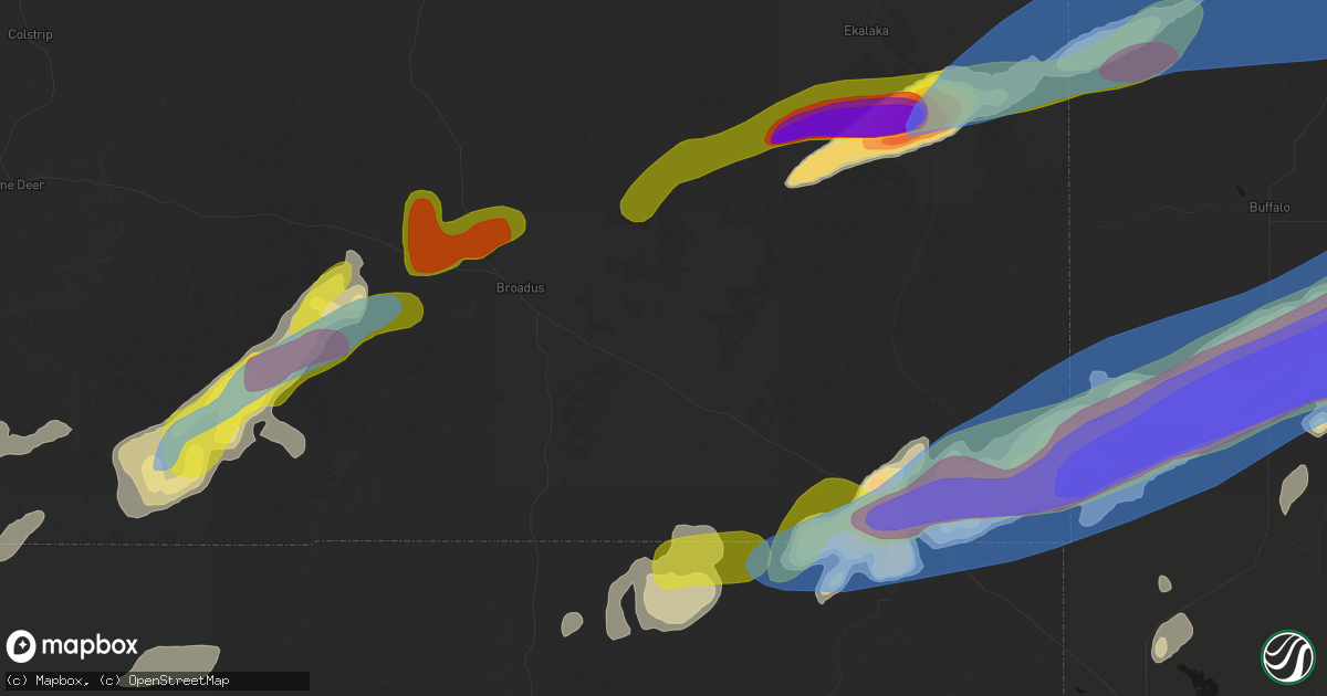 Hail map in Boyes, MT on June 7, 2026