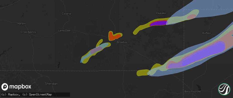 Hail map in Broadus, MT on June 7, 2026