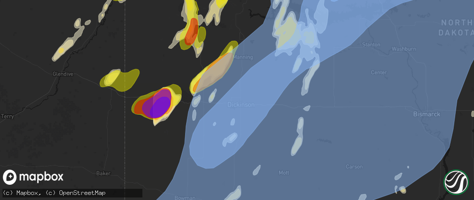 Hail map in Dickinson, ND on June 7, 2026