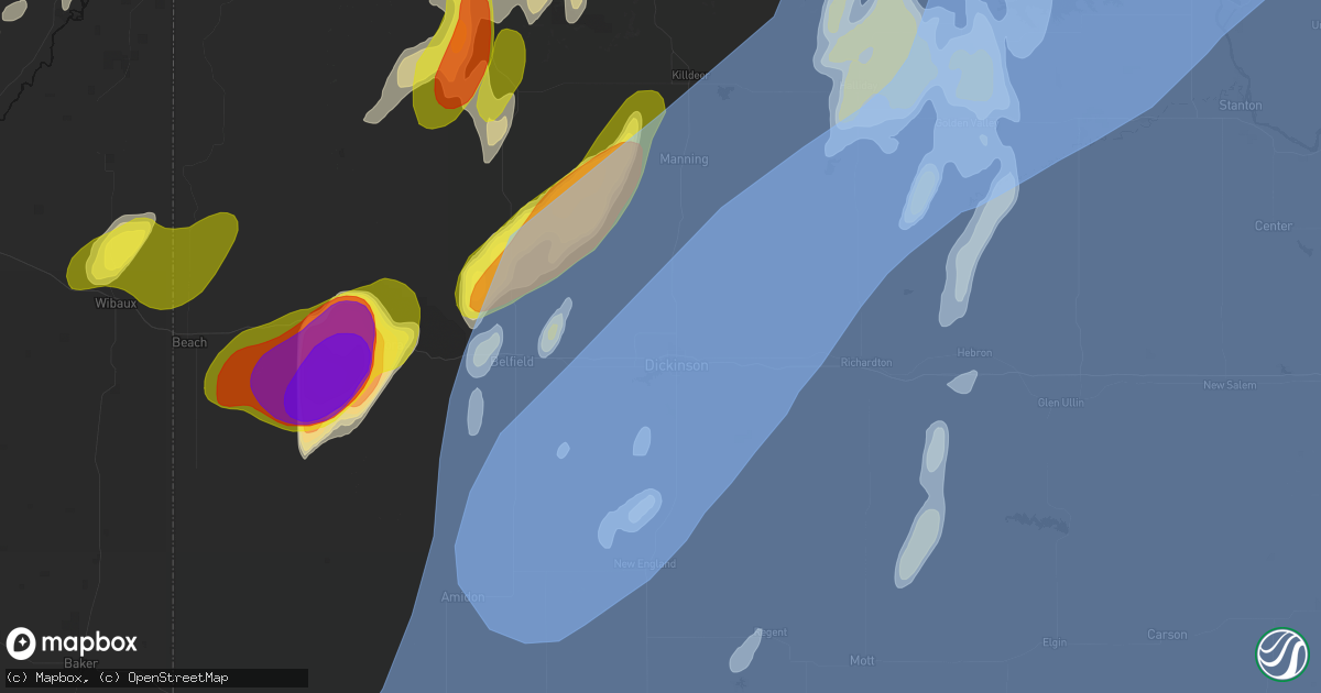 Hail map in Dickinson, ND on June 7, 2026