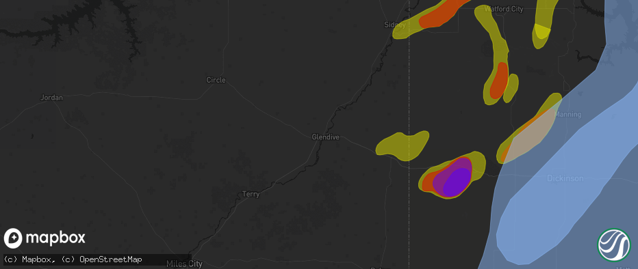 Hail map in Glendive, MT on June 7, 2026