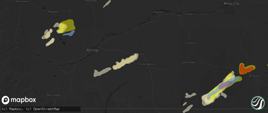 Hail map in Hardin, MT on June 7, 2026