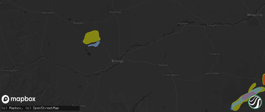 Hail map in Huntley, MT on June 7, 2026