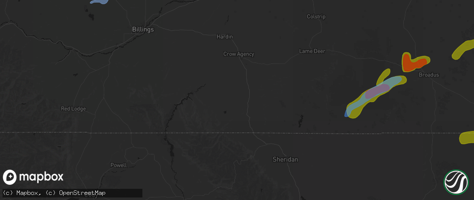 Hail map in Lodge Grass, MT on June 7, 2026