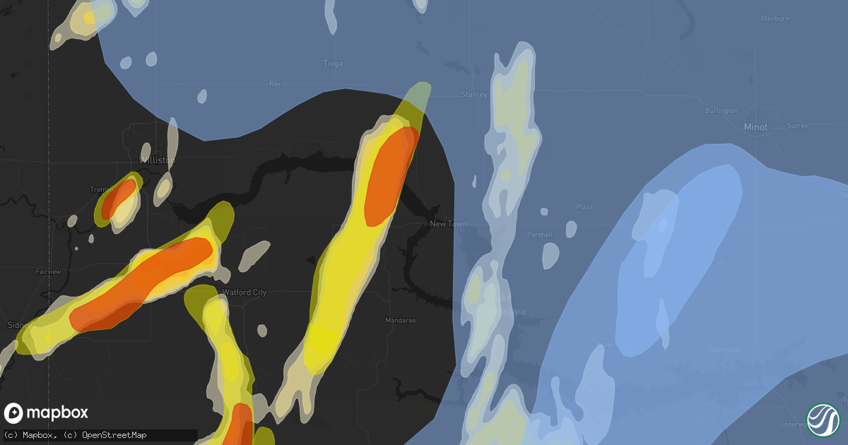 Hail map in New Town, ND on June 7, 2026