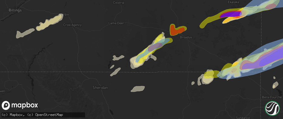 Hail map in Otter, MT on June 7, 2026